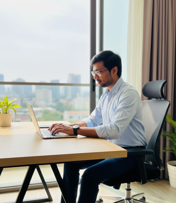 A remote employee standing beside a desk during a short movement break